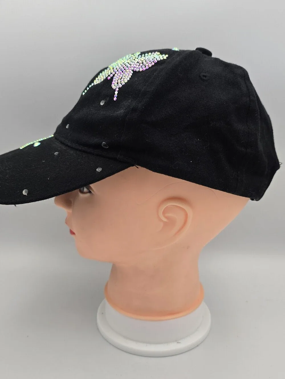 Women's Black Cotton Rhinestone Butterfly Adjustable Baseball Hat